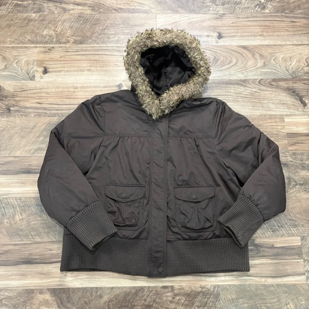 Vintage Y2K Old Navy Jacket Womens XXL Brown Faux Fur Hood Bomber Puffer Coat
